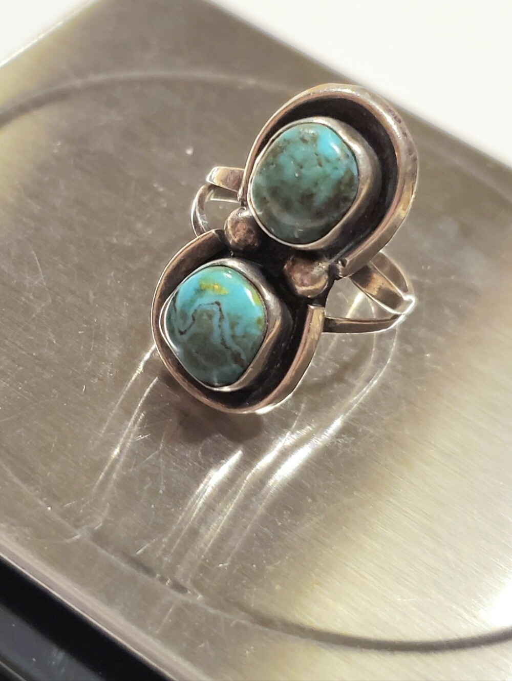 Vtg Navajo Double Nugget Turquoise Statement Ring 925 Sterling Silver Sz 7